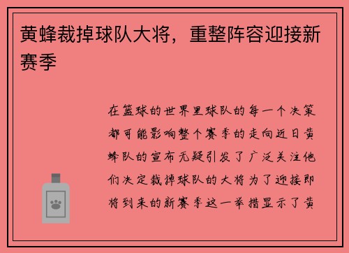 黄蜂裁掉球队大将，重整阵容迎接新赛季
