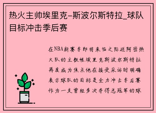 热火主帅埃里克-斯波尔斯特拉_球队目标冲击季后赛