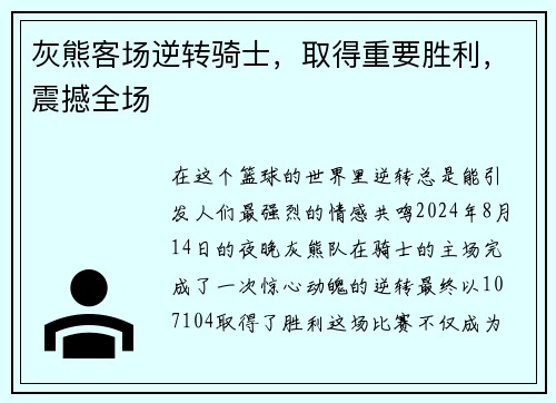 灰熊客场逆转骑士，取得重要胜利，震撼全场