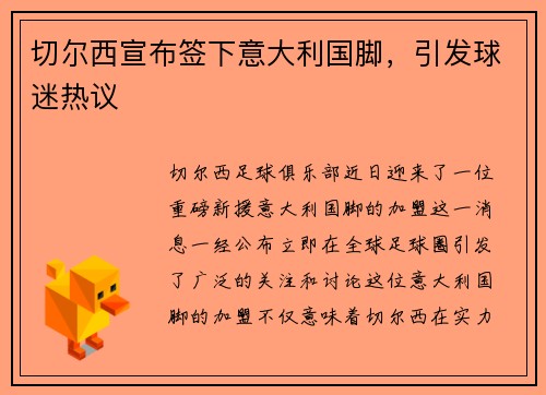 切尔西宣布签下意大利国脚，引发球迷热议
